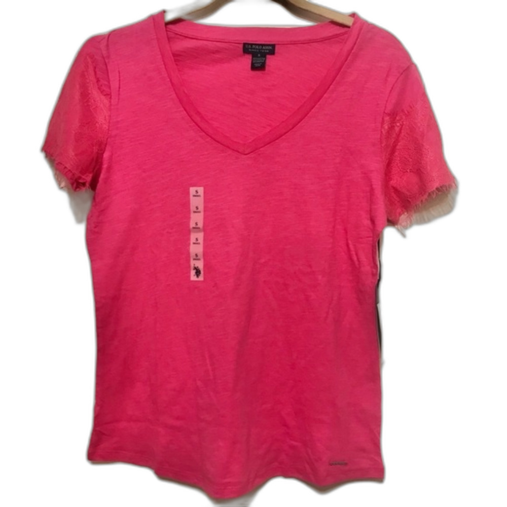 US polo assn pink tee women top hot pink Lace short sleeve top size S